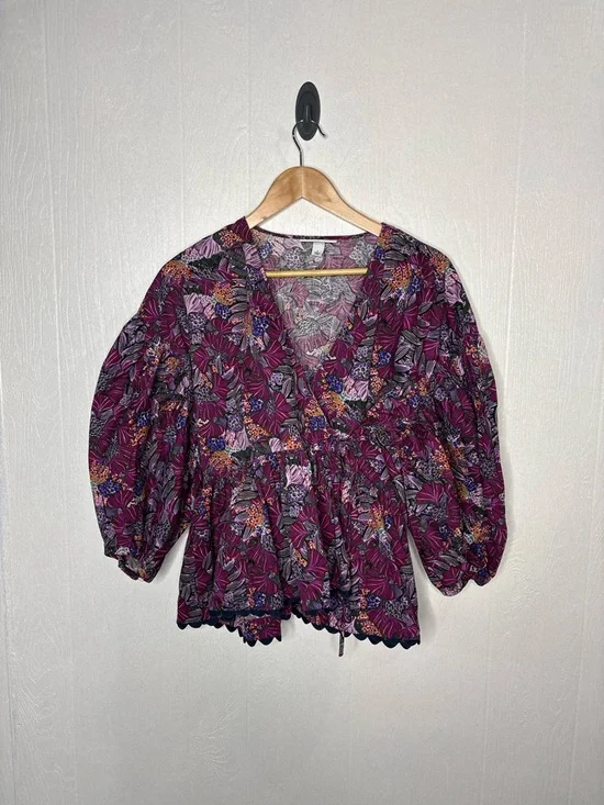 Kika Vargas For Target purple floral wrap top balloon sleeves size large - Picture 2 of 11